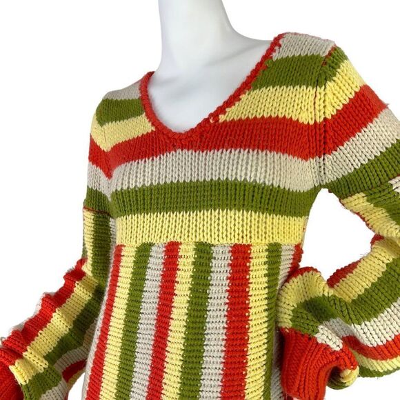 1970's Handknit Striped Dress with Big Kangaroo Front Pocket, Yellow, Green, Red - Picture 4 of 10